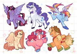 Size: 1500x1043 | Tagged: safe, artist:taffybuns, derpibooru import, applejack, fluttershy, pinkie pie, rainbow dash, rarity, twilight sparkle, twilight sparkle (alicorn), alicorn, earth pony, pegasus, pony, unicorn, :3, :<, alternate color palette, alternate design, alternate hairstyle, applejack's hat, applejacked, bandana, blaze (coat marking), blonde mane, blonde tail, blue coat, blue eyes, blushing, body freckles, chest fluff, coat markings, colored belly, colored ears, colored hooves, colored muzzle, colored pinnae, colored wings, colored wingtips, concave belly, cowboy hat, eye clipping through hair, eyebrows, eyebrows visible through hair, eyeshadow, facial markings, female, fetlock tuft, flower petals, flying, freckles, frown, g4, gradient legs, gray coat, green eyes, group, hair accessory, hat, height difference, horn, image, leg fluff, long mane, long tail, looking away, looking back, makeup, mane six, mare, multicolored eyes, multicolored hair, multicolored mane, multicolored tail, muscles, neckerchief, no catchlights, open mouth, open smile, orange coat, pale belly, patterned background, physique difference, pink coat, pink mane, pink tail, png, ponytail, prancing, profile, purple coat, purple eyes, purple mane, purple tail, rainbow hair, rainbow tail, raised hoof, raised leg, rear view, red eyes, redesign, sextet, short hair rainbow dash, short horn, short mane, short tail, signature, sitting, smiling, socks (coat marking), sparkles, sparkly mane, sparkly tail, spread wings, standing, straight mane, straight tail, tail, tail accessory, tied mane, tied tail, two toned eyes, two toned mane, two toned tail, two toned wings, unicorn horn, unshorn fetlocks, wall of tags, wing freckles, wings, wings down, yellow coat