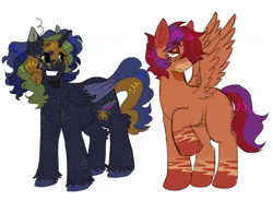 Size: 1170x860 | Tagged: safe, artist:roseytherose, derpibooru import, oc, oc:twinkle star, unnamed oc, unofficial characters only, alicorn, pegasus, pony, alicorn oc, ambiguous gender, black coat, black sclera, body freckles, coat markings, colored ears, colored eartips, colored eyebrows, colored hooves, colored muzzle, colored pupils, colored wings, colored wingtips, curly mane, curly tail, duo, ear fluff, eye clipping through hair, eyebrows, eyebrows visible through hair, eyeshadow, facial markings, folded wings, freckles, frown, gradient legs, green eyes, horn, image, jpeg, leg fluff, leg freckles, lidded eyes, long mane, long tail, looking away, makeup, mealy mouth (coat marking), messy mane, multicolored mane, no catchlights, orange coat, orange eyes, pegasus oc, raised hoof, shiny mane, shiny tail, short mane, simple background, smiling, socks (coat marking), standing, tail, two toned eyes, two toned mane, two toned tail, two toned wings, unicorn horn, unshorn fetlocks, white background, wings