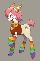 Size: 760x1136 | Tagged: safe, artist:shinehop69, derpibooru import, oc, oc:shinehop, unofficial characters only, earth pony, pony, clothes, clown makeup, cream coat, earth pony oc, eyes closed, gray background, hat, image, jpeg, long socks, male, neck bow, open mouth, open smile, party hat, pink mane, pink tail, ponysona, profile, rainbow socks, raised hoof, short mane, short tail, signature, simple background, smiling, socks, solo, stallion, standing, striped socks, tail, vest, watermark