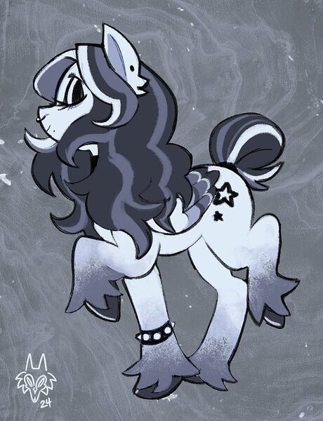 Size: 706x920 | Tagged: safe, artist:thrivinghigh, derpibooru import, oc, oc:black sterling, unofficial characters only, pegasus, pony, abstract background, beauty mark, bracelet, coat markings, colored pinnae, colored wings, curly mane, ear fluff, ear piercing, earring, eyes closed, eyeshadow, female, folded wings, image, jewelry, jpeg, long mane, makeup, mare, multicolored mane, multicolored tail, multicolored wings, nose piercing, pegasus oc, piercing, profile, raised hoof, raised leg, septum piercing, short tail, signature, smiling, socks (coat marking), solo, spiked wristband, tail, tied tail, unshorn fetlocks, white coat, wings, wristband