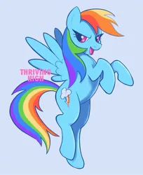 Size: 1087x1335 | Tagged: safe, artist:thrivinghigh, derpibooru import, rainbow dash, pegasus, pony, blue background, blue coat, determined look, female, flying, g4, image, jpeg, long mane, long tail, looking back, mare, multicolored hair, multicolored mane, multicolored tail, narrowed eyes, open mouth, open smile, pink eyes, rainbow hair, rainbow tail, raised hoof, raised hooves, signature, simple background, smiling, solo, spread wings, tail, wingding eyes, wings