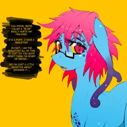Size: 1000x1000 | Tagged: safe, artist:slugbox, derpibooru import, oc, oc:cteno, unofficial characters only, goo, goo pony, original species, pony, female, glasses, image, mare, png, simple background, solo, speech bubble, yellow background