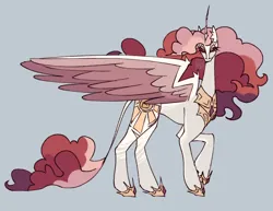 Size: 1647x1272 | Tagged: safe, artist:p0rk-guts, derpibooru import, princess celestia, alicorn, pony, alternate color palette, alternate cutie mark, alternate design, alternate hair color, alternate hairstyle, alternate tail color, alternate tailstyle, colored pinnae, colored wings, colored wingtips, concave belly, crown, curly mane, curly tail, curved horn, ear fluff, eyeshadow, female, g4, gray background, hoof shoes, horn, image, jewelry, jpeg, large wings, leonine tail, lidded eyes, long horn, long legs, long neck, looking at you, makeup, mare, multicolored mane, multicolored tail, peytral, pink eyes, princess shoes, red mane, red tail, redesign, regalia, signature, simple background, solo, starry eyes, tail, thick eyelashes, thin horn, thin legs, tiara, unicorn horn, watermark, white coat, wingding eyes, wings