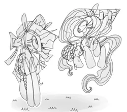 Size: 1280x1134 | Tagged: safe, artist:p002er, derpibooru import, fluttershy, rarity, pegasus, pony, unicorn, abstract, clothes, dress, duo, duo female, female, flying, g4, grass, grayscale, hat, horn, image, looking at each other, looking at someone, mare, monochrome, png, simple background, sun hat, white background