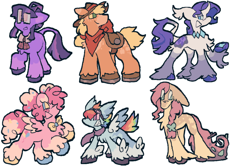 Size: 1100x800 | Tagged: safe, artist:unidog, derpibooru import, applejack, fluttershy, pinkie pie, rainbow dash, rarity, twilight sparkle, earth pony, pegasus, pony, unicorn, alternate color palette, alternate cutie mark, alternate design, alternate eye color, alternate hair color, alternate hairstyle, alternate tail color, alternate tailstyle, applejack's hat, bandana, big ears, big eyes, blaze (coat marking), blonde mane, blonde tail, blue coat, blue eyes, blue sclera, bowtie, braid, braided ponytail, butt fluff, chest fluff, choker, clothes, coat markings, colored eartips, colored hooves, colored muzzle, colored pinnae, colored sclera, colored underhoof, colored wings, colored wingtips, concave belly, cowboy hat, curly mane, curly tail, curved horn, ear fluff, ear tufts, eye clipping through hair, eyebrows, eyeshadow, facial markings, fangs, female, fetlock tuft, floppy ears, freckles, g4, glasses, goggles, goggles on head, green eyes, green sclera, group, hair accessory, hair bun, hat, height difference, hooves, horn, horseshoes, image, leaves in tail, leonine tail, lidded eyes, long legs, long mane, long tail, looking back, makeup, mane six, mare, mealy mouth (coat marking), messy tail, missing cutie mark, multicolored hair, multicolored hooves, multicolored mane, multicolored tail, narrowed eyes, neckerchief, no catchlights, no mouth, open motuh, open mouth, orange coat, pegasus pinkie pie, physique difference, pink coat, pink eyes, pink mane, pink sclera, pink tail, png, ponytail, profile, purple coat, purple mane, purple tail, race swap, rainbow hair, rainbow tail, raised eyebrow, raised hoof, rearing, redesign, sailor collar, scarf, sextet, sharp teeth, short hair rainbow dash, short mane, simple background, small wings, smiling, smoldash, socks (coat marking), space buns, splotches, spotted, spread wings, square glasses, standing, stick in tail, tail, tail accessory, tallershy, teeth, thin legs, tied mane, transparent background, twitterina design, two toned eyes, two toned mane, two toned tail, two toned wings, underhood, unicorn twilight, unshorn fetlocks, wall of tags, wavy mane, wavy tail, white coat, wide stance, wings, yellow coat, yellow eyes