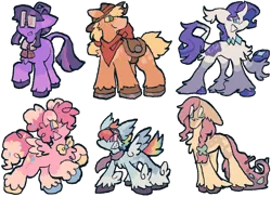 Size: 1100x800 | Tagged: safe, artist:unidog, derpibooru import, applejack, fluttershy, pinkie pie, rainbow dash, rarity, twilight sparkle, earth pony, pegasus, pony, unicorn, g4, alternate color palette, alternate cutie mark, alternate design, alternate eye color, alternate hair color, alternate hairstyle, alternate tail color, alternate tailstyle, applejack's hat, bandana, big ears, big eyes, blaze (coat marking), blonde mane, blonde tail, blue coat, blue eyes, blue sclera, bowtie, braid, braided ponytail, butt fluff, chest fluff, choker, clothes, coat markings, colored eartips, colored hooves, colored muzzle, colored pinnae, colored sclera, colored underhoof, colored wings, colored wingtips, concave belly, cowboy hat, curly mane, curly tail, curved horn, ear fluff, ear tufts, eye clipping through hair, eyebrows, eyeshadow, facial markings, fangs, female, fetlock tuft, floppy ears, freckles, glasses, goggles, goggles on head, green eyes, green sclera, group, hair accessory, hair bun, hat, height difference, hooves, horn, horseshoes, image, leaves in tail, leonine tail, lidded eyes, long legs, long mane, long tail, looking back, makeup, mane six, mare, mealy mouth (coat marking), messy tail, missing cutie mark, multicolored hair, multicolored hooves, multicolored mane, multicolored tail, narrowed eyes, neckerchief, no catchlights, no mouth, open motuh, open mouth, orange coat, pegasus pinkie pie, physique difference, pink coat, pink eyes, pink mane, pink sclera, pink tail, png, ponytail, profile, purple coat, purple mane, purple tail, race swap, rainbow hair, rainbow tail, raised eyebrow, raised hoof, rearing, redesign, sailor collar, scarf, sextet, sharp teeth, short hair rainbow dash, short mane, simple background, small wings, smiling, smoldash, socks (coat marking), space buns, splotches, spotted, spread wings, square glasses, standing, stick in tail, tail, tail accessory, tallershy, teeth, thin legs, tied mane, transparent background, twitterina design, two toned eyes, two toned mane, two toned tail, two toned wings, underhoof, unicorn twilight, unshorn fetlocks, wall of tags, wavy mane, wavy tail, white coat, wide stance, wings, yellow coat, yellow eyes