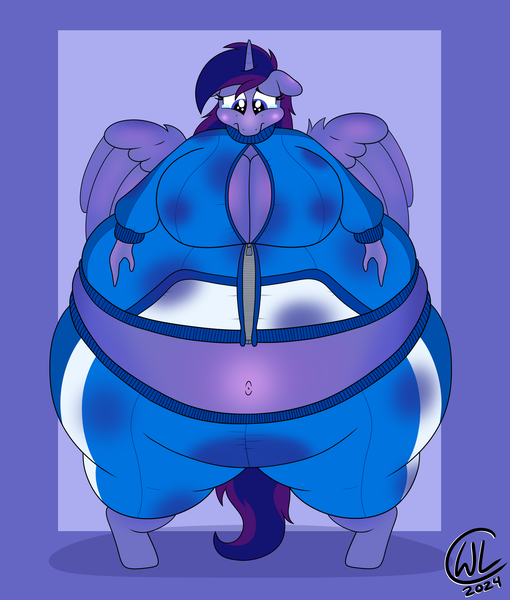 Size: 3295x3875 | Tagged: questionable, artist:lukewarmluke, derpibooru import, oc, oc:vani, alicorn, anthro, alicorn oc, anthro oc, belly, belly button, big belly, big breasts, blueberry inflation, breasts, crying, embarrassed, expansion, female, horn, huge belly, image, impossibly large belly, inflation, juice, large belly, leaking, png, sad, solo, solo female, tracksuit, wide hips, wide stance, wings