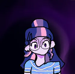 Size: 378x372 | Tagged: safe, artist:dummymcsnortee, derpibooru import, twilight sparkle, human, equestria girls, clothes, cypher, detailed background, digital art, ears, expression, g4, glasses, humanized, image, jpeg, lowres, ms paint, multicolored hair, no mouth, ponytail, purple skin, round glasses, shirt, solo, striped shirt, swirly background, worried