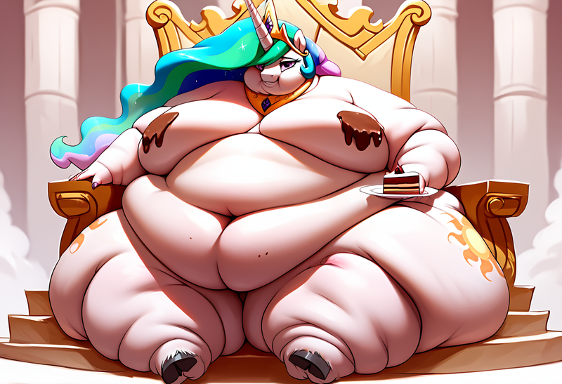Size: 1216x832 | Tagged: questionable, ai content, derpibooru import, machine learning generated, stable diffusion, princess celestia, anthro, cake, cakelestia, chubby cheeks, derpibooru exclusive, double chin, fat, female, food, g4, image, morbidly obese, nudity, obese, partial nudity, png, sitting, solo, throne, throne room