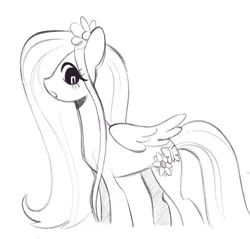 Size: 1931x1843 | Tagged: safe, artist:risswm, derpibooru import, fluttershy, pegasus, pony, alternate cutie mark, female, flower, flower in hair, grayscale, image, looking down, mare, monochrome, open mouth, png, profile, simple background, sketch, solo, white background