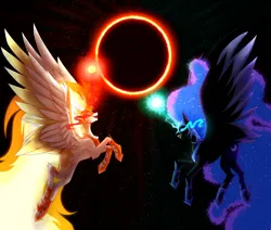 Size: 6000x5093 | Tagged: safe, artist:atelgo-starfall, derpibooru import, daybreaker, nightmare moon, alicorn, pony, absurd resolution, antagonist, black background, blue eyes, blue mane, blue tail, crepuscular rays, digital art, duo, duo female, eclipse, ethereal mane, ethereal tail, eyeshadow, feather, female, flowing mane, flowing tail, flying, g4, gem, glow, glowing horn, helmet, hoof shoes, horn, image, jpeg, looking at each other, looking at someone, magic, makeup, mane of fire, mare, open mouth, peytral, princess shoes, simple background, smiling, smiling at each other, sparkles, spread wings, stars, sunlight, tail, tail of fire, villainess, wings, yellow eyes