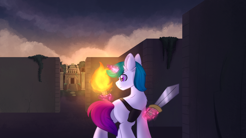 Size: 3840x2160 | Tagged: safe, artist:littleblackraencloud, derpibooru import, oc, unofficial characters only, pony, unicorn, 4k, butt, commission, facing away, frown, glow, glowing horn, high res, horn, image, labyrinth, levitation, magic, male, plot, png, ruins, solo, stallion, sword, telekinesis, temple, torch, weapon