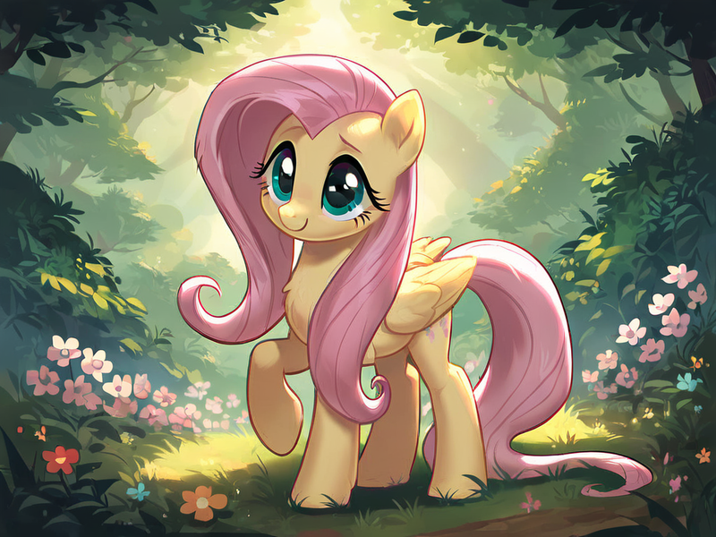 Size: 1024x768 | Tagged: safe, ai content, derpibooru import, machine learning generated, stable diffusion, fluttershy, pegasus, pony, chest fluff, flower, g4, generator:pony diffusion v6 xl, grass, image, png, raised hoof, solo, sunlight, tree