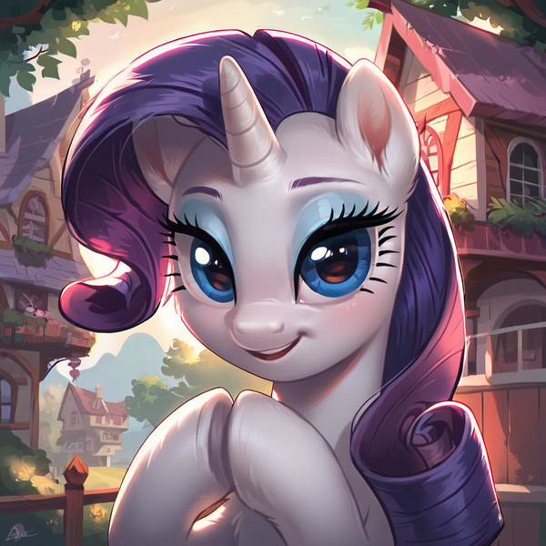 Size: 1024x1024 | Tagged: safe, ai content, derpibooru import, machine learning generated, stable diffusion, rarity, unicorn, fence, g4, generator:pony diffusion v6 xl, hooves together, horn, houses, image, looking at you, png, smiling, smiling at you, solo, tree