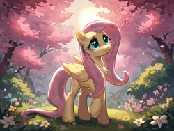 Size: 1024x768 | Tagged: safe, ai content, derpibooru import, machine learning generated, stable diffusion, fluttershy, pegasus, pony, cherry blossoms, chest fluff, flower, flower blossom, generator:pony diffusion v6 xl, grass, image, looking up, png, raised hoof, solo, sunlight, tree