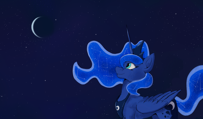 Size: 1847x1081 | Tagged: safe, artist:draoicat, derpibooru import, princess luna, alicorn, pony, constellation hair, crescent moon, female, g4, image, looking up, mare, moon, night, png, smiling, solo, stars