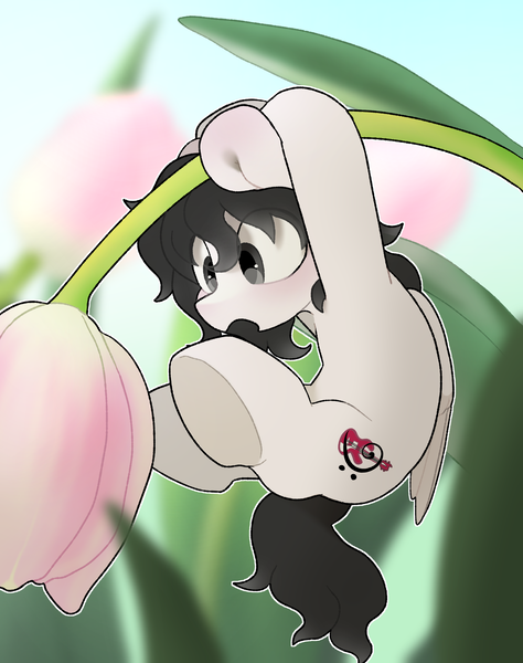 Size: 2100x2661 | Tagged: safe, artist:mochi_nation, derpibooru import, oc, oc:dream weaver, unofficial characters only, pegasus, blue sky, blushing, commission, cute, flower, grass, hanging, image, micro, open mouth, png, sky, tulip