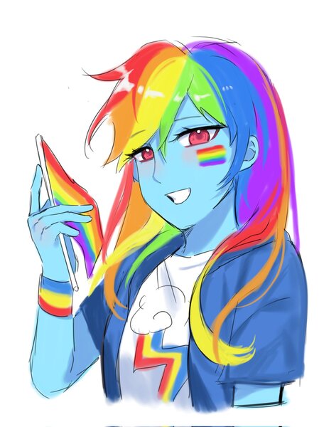 Size: 1531x2048 | Tagged: safe, artist:mlp_1121, derpibooru import, rainbow dash, human, equestria girls, face paint, female, g4, humanized, image, jpeg, pride, pride flag, simple background, solo, white background, wristband
