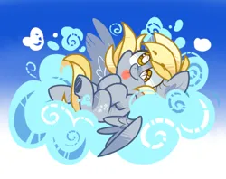Size: 1200x950 | Tagged: safe, artist:yokokinawa, derpibooru import, derpy hooves, pegasus, pony, cloud, cute, derpabetes, g4, image, on a cloud, png, smiling, solo, tongue out