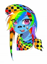 Size: 1506x2048 | Tagged: safe, artist:mlp_1121, derpibooru import, rainbow dash, human, equestria girls, bandaid, bandaid on nose, bust, ear piercing, earring, eye clipping through hair, eyebrows, eyebrows visible through hair, facial piercing, female, g4, hat, humanized, image, jewelry, jpeg, neckerchief, piercing, scene kid, simple background, solo, sticker, tongue piercing, white background