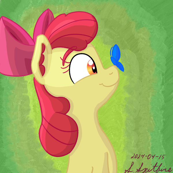 Size: 2048x2048 | Tagged: safe, artist:gosupermarinespitfire, derpibooru import, apple bloom, butterfly, earth pony, insect, pony, bust, ear fluff, female, filly, foal, gradient background, image, jpeg, portrait, smiling, solo