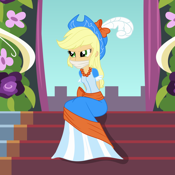 Size: 2000x2000 | Tagged: safe, artist:nie-martw-sie-o-mnie, derpibooru import, applejack, human, equestria girls, magical mystery cure, applesub, cloth gag, clothes, coronation dress, cowboy hat, dress, female, femsub, g4, gag, hands behind back, hat, image, jewelry, necklace, png, sitting, solo, stairs, submissive