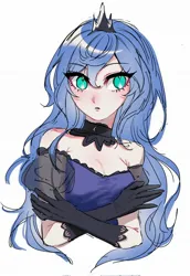 Size: 1406x2048 | Tagged: safe, artist:mlp_1121, derpibooru import, princess luna, human, choker, clothes, dress, eye clipping through hair, eyebrows, eyebrows visible through hair, female, gloves, humanized, image, jewelry, jpeg, regalia, simple background, white background