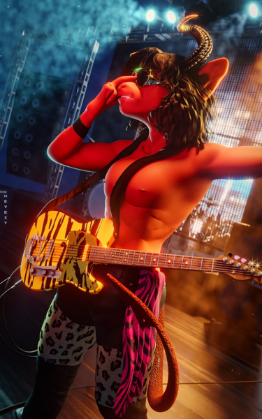 Size: 1600x2560 | Tagged: safe, artist:hevexy, derpibooru import, oc, oc:hadrianus, unofficial characters only, anthro, demon, incubus, 3d, abs, blender, bracelet, clothes, concert, electric guitar, glasses, guitar, high res, holding, horns, image, jewelry, male, male nipples, muscles, musical instrument, night, nipples, nudity, pants, partial nudity, pecs, png, raised arm, sexy, smiling, smirk, solo, solo focus, solo male, stage, standing, sunglasses, tail, topless