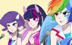 Size: 2048x1280 | Tagged: safe, artist:mlp_1121, derpibooru import, rainbow dash, rarity, twilight sparkle, human, equestria girls, shake your tail, eared humanization, female, g4, humanized, image, jpeg, microphone, simple background, trio, white background, winged humanization, wings