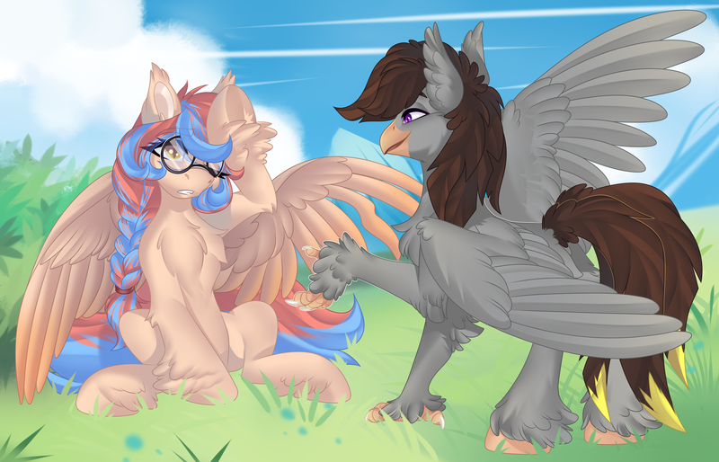 Size: 4200x2700 | Tagged: safe, artist:xvostik, derpibooru import, oc, oc:dracey, oc:luxor, unofficial characters only, classical hippogriff, hippogriff, pegasus, braid, chest fluff, cloud, colored wings, duo, ear fluff, female, glasses, gradient wings, grass, hoof fluff, image, injured wing, male, one eye closed, pegasus oc, png, raised hoof, raised paw, single fang, sitting, sky, spread wings, tail, two toned mane, two toned tail, unshorn fetlocks, wings