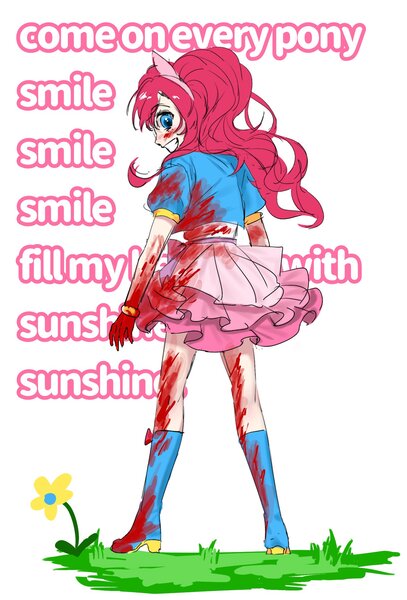 Size: 1493x2200 | Tagged: semi-grimdark, artist:mlp_1121, derpibooru import, pinkie pie, human, smile hd, blood, boots, bracelet, clothes, eared humanization, female, humanized, image, implied murder, jewelry, jpeg, looking at you, looking back, looking back at you, lyrics, manic grin, shoes, simple background, skirt, smiling, solo, text, white background
