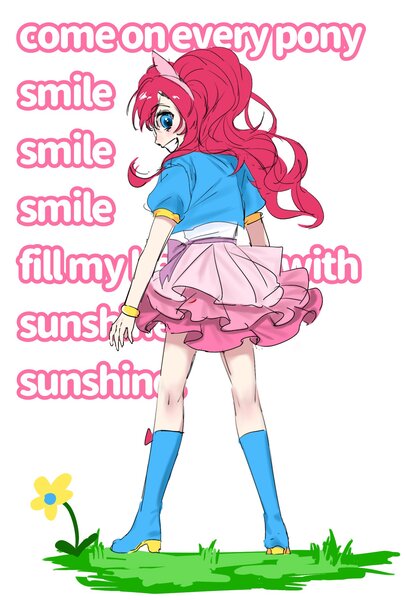 Size: 1493x2200 | Tagged: safe, alternate version, artist:mlp_1121, derpibooru import, pinkie pie, human, boots, clothes, eared humanization, female, humanized, image, jpeg, looking at you, looking back, looking back at you, lyrics, manic grin, shoes, simple background, skirt, smile song, smiling, solo, text, white background