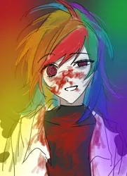 Size: 1592x2200 | Tagged: semi-grimdark, alternate version, artist:mlp_1121, derpibooru import, rainbow dash, human, fanfic:rainbow factory, blood, clothes, eye clipping through hair, eyebrows, eyebrows visible through hair, fanfic art, female, humanized, image, jpeg, lab coat, rainbow background, solo