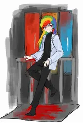 Size: 1493x2200 | Tagged: safe, artist:mlp_1121, derpibooru import, rainbow dash, human, fanfic:rainbow factory, clothes, eye clipping through hair, eyebrows, eyebrows visible through hair, fanfic art, female, humanized, image, jpeg, lab coat, solo
