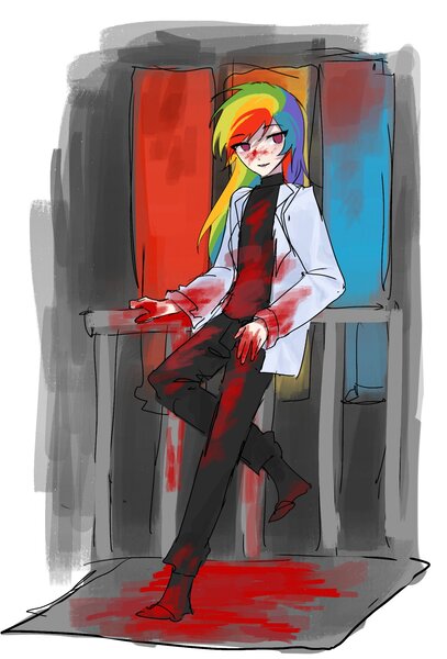 Size: 1493x2200 | Tagged: semi-grimdark, alternate version, artist:mlp_1121, derpibooru import, rainbow dash, human, fanfic:rainbow factory, blood, clothes, eye clipping through hair, eyebrows, eyebrows visible through hair, fanfic art, female, humanized, image, jpeg, lab coat, solo