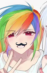 Size: 1311x2045 | Tagged: safe, artist:mlp_1121, derpibooru import, rainbow dash, human, eyebrows, eyebrows visible through hair, facial hair, female, humanized, image, jpeg, moustache, peace sign, simple background, solo, white background