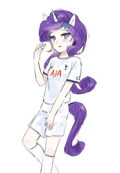 Size: 1245x1804 | Tagged: safe, artist:mlp_1121, derpibooru import, rarity, human, clothes, eared humanization, female, horn, horned humanization, humanized, image, jersey, jpeg, shorts, simple background, solo, tail, tailed humanization, white background