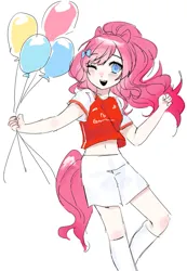 Size: 1245x1804 | Tagged: safe, artist:mlp_1121, derpibooru import, pinkie pie, human, balloon, bow, clothes, eared humanization, eyebrows, eyebrows visible through hair, female, hair bow, humanized, image, jersey, jpeg, one eye closed, shorts, simple background, solo, tail, tailed humanization, white background