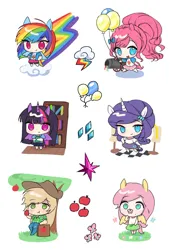 Size: 1240x1754 | Tagged: safe, alternate version, artist:mlp_1121, derpibooru import, applejack, fluttershy, pinkie pie, rainbow dash, rarity, twilight sparkle, butterfly, human, insect, apple, apple tree, balloon, book, bookshelf, butterfly on nose, chibi, cloud, eared humanization, eating, female, food, horn, horned humanization, humanized, image, insect on nose, jpeg, mane six, mannequin, on a cloud, party cannon, simple background, tail, tailed humanization, tree, white background, winged humanization, wings