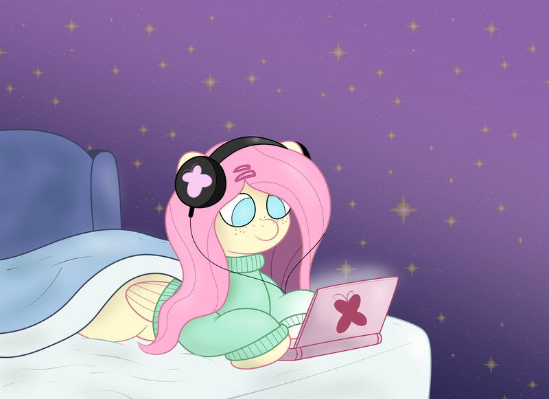 Size: 3509x2550 | Tagged: safe, artist:sparkfler85, derpibooru import, fluttershy, pegasus, pony, bed, clothes, computer, cute, freckles, freckleshy, hairclip, headphones, image, laptop computer, lying down, night, night sky, png, sky, solo, stars, sweater, sweatershy