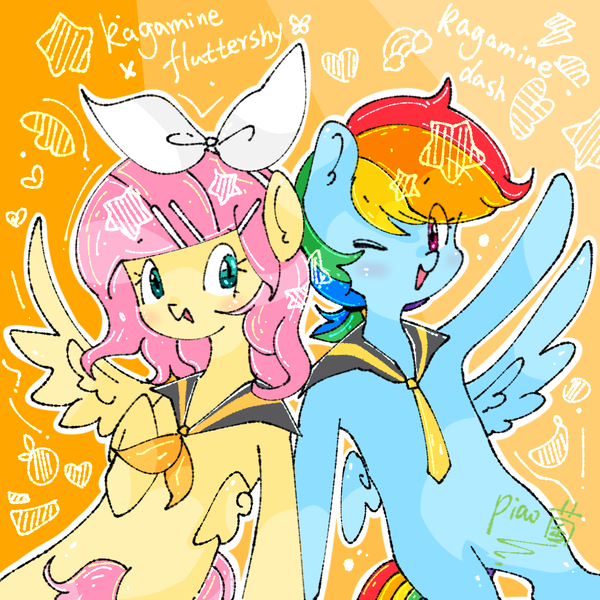 Size: 1080x1080 | Tagged: safe, artist:piaojun55154, artist:飘菌永远爱你, derpibooru import, fluttershy, rainbow dash, pegasus, pony, chibi, clothes, cosplay, costume, duo, duo female, female, g4, image, kagamine len, kagamine rin, looking at you, one eye closed, png, vocaloid, wink