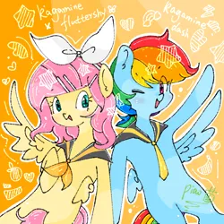 Size: 1080x1080 | Tagged: safe, artist:piaojun55154, artist:飘菌永远爱你, derpibooru import, fluttershy, rainbow dash, pegasus, pony, chibi, clothes, cosplay, costume, duo, duo female, female, g4, image, kagamine len, kagamine rin, looking at you, one eye closed, png, vocaloid, wink