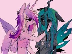 Size: 1203x904 | Tagged: safe, alternate version, artist:blvdswirls, derpibooru import, princess cadance, queen chrysalis, anthro, changeling, changeling queen, duo, duo female, female, g4, image, infidelity, jpeg, lesbian, pink background, ship:cadalis, shipping, simple background