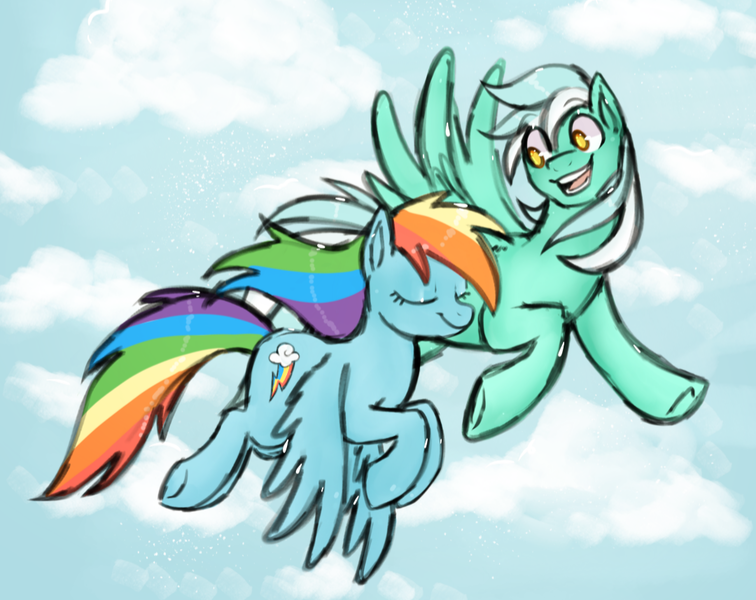 Size: 1080x857 | Tagged: safe, anonymous artist, derpibooru import, rainbow dash, oc, oc:swift-wind, pegasus, pony, female, flying, image, male, mare, not lyra, png, stallion, talking