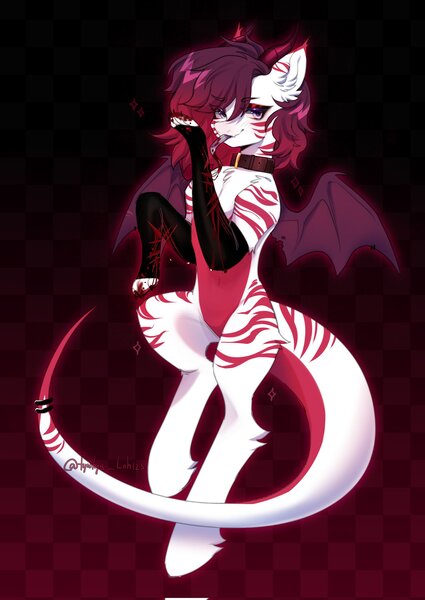 Size: 1452x2048 | Tagged: safe, artist:tyutya, derpibooru import, oc, unofficial characters only, demon, demon pony, original species, pony, abstract background, bat wings, chest fluff, collar, commission, ear fluff, female, flying, horns, image, jewelry, jpeg, leg fluff, mare, paws, ring, solo, tail, tail ring, wings