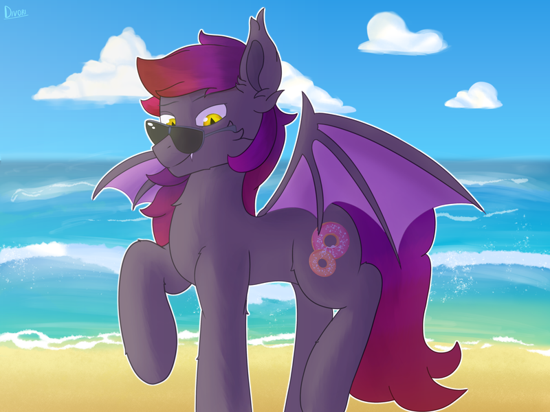 Size: 4000x3000 | Tagged: safe, artist:divori, derpibooru import, oc, oc:chorus scream, unofficial characters only, bat pony, pony, beach, chest fluff, ear fluff, glow, glowing eyes, high res, image, male, png, smiling, solo, stallion, sunglasses, wings