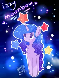 Size: 1080x1440 | Tagged: safe, artist:piaojun55154, artist:飘菌永远爱你, derpibooru import, izzy moonbow, pony, unicorn, g5, my little pony: a new generation, :3, abstract background, blushing, chibi, gradient mane, horn, image, png, solo, stars