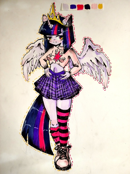 Size: 3472x4640 | Tagged: safe, artist:sheetofplywood8, derpibooru import, twilight sparkle, human, alicorn humanization, belly button, big crown thingy, boots, clothes, eared humanization, element of magic, female, horn, horned humanization, humanized, image, jewelry, jpeg, midriff, pony coloring, regalia, shoes, skirt, socks, solo, striped socks, sweater, traditional art, winged humanization, wings