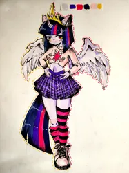Size: 3472x4640 | Tagged: safe, artist:sheetofplywood8, derpibooru import, twilight sparkle, human, alicorn humanization, belly button, big crown thingy, boots, clothes, eared humanization, element of magic, female, horn, horned humanization, humanized, image, jewelry, jpeg, midriff, pony coloring, regalia, shoes, skirt, socks, solo, striped socks, sweater, traditional art, winged humanization, wings
