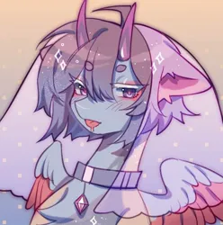 Size: 500x504 | Tagged: safe, artist:tyutya, derpibooru import, oc, unofficial characters only, pegasus, pony, blushing, bust, chest fluff, colored wings, ear fluff, female, horns, image, jpeg, mare, solo, tongue out, veil, wedding veil, wings